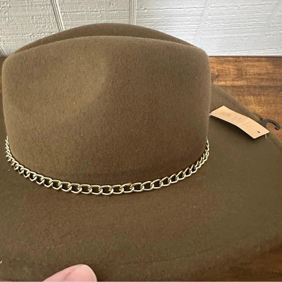 Steve Madden Green Women\'s Felted 100% Wool Metal Chain Trimmed Fedora Hat NWT main image 5